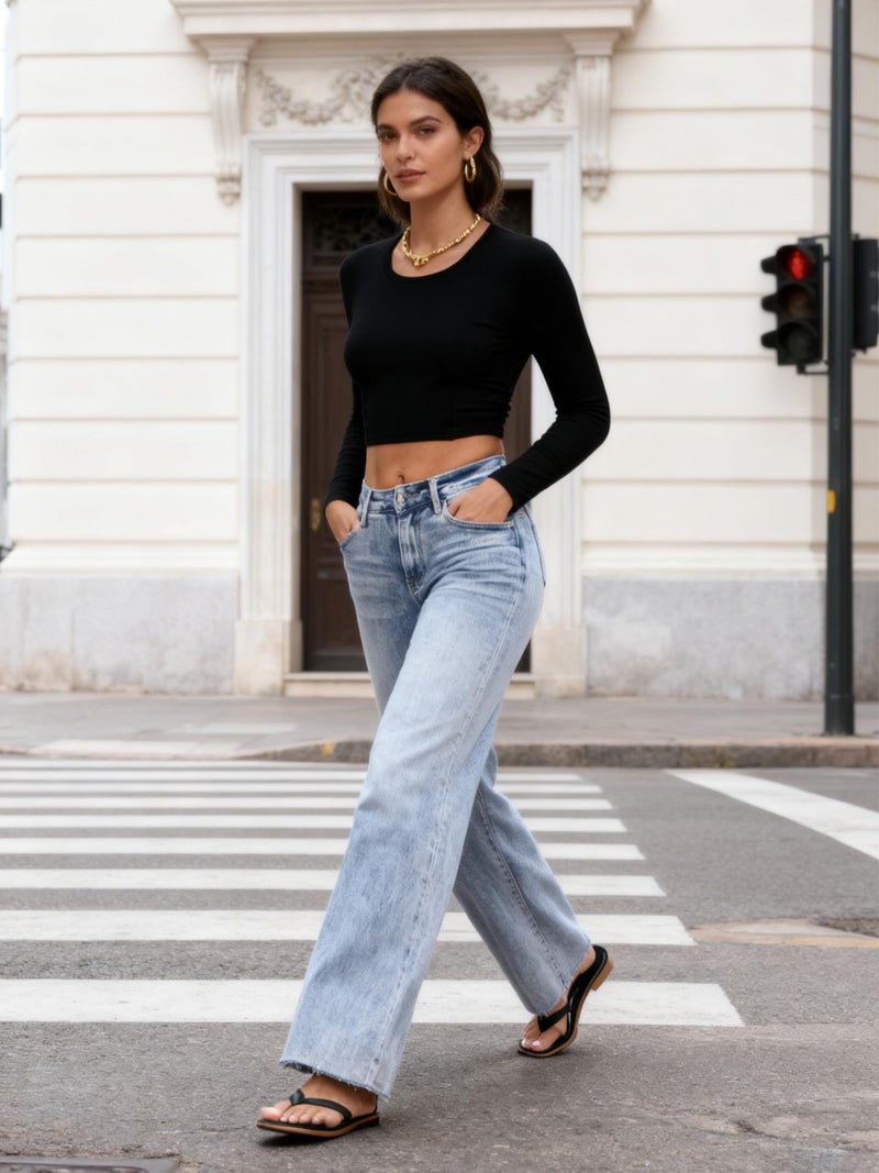 ONESO Wide Leg Jeans for Women High Waisted Stretchy Baggy Jeans BBL Loose Fit Frayed Raw Hem Denim Pants Casual DIY Length - Image 3
