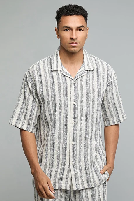 R&B Striped Shirt with Revere Collar and Short Sleeves