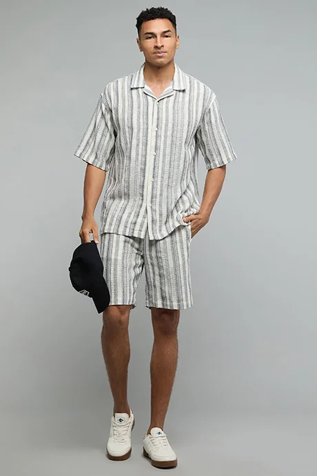 R&B Striped Shirt with Revere Collar and Short Sleeves