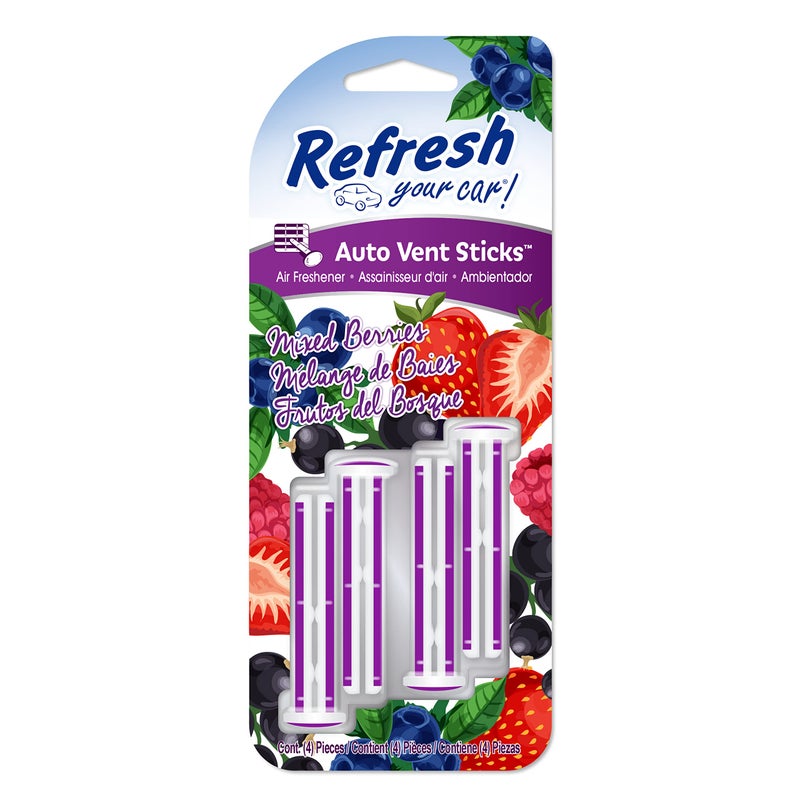 RefreshYourCar Car Air Freshener Odor Eliminator Set of 4 Auto Vent Sticks Mixed Berries Scent Refresh Your Car