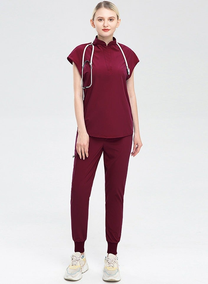 Loquat Womens Fashion Medical Uniform Scrubs 2 Piece Set Stand Collar Top and Elastic Waist Jogger Pants Suit Wine Red  - Image 1