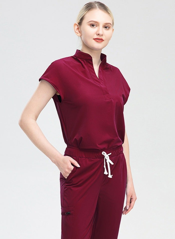 Loquat Womens Fashion Medical Uniform Scrubs 2 Piece Set Stand Collar Top and Elastic Waist Jogger Pants Suit Wine Red  - Image 2