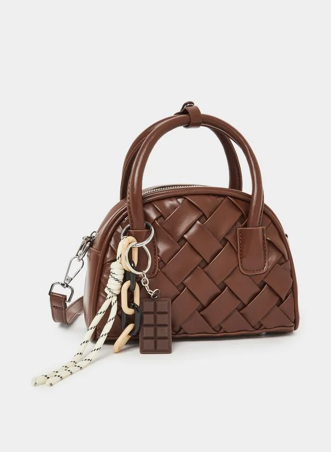 Coffee Brown Woven Baguette Bag with Charm