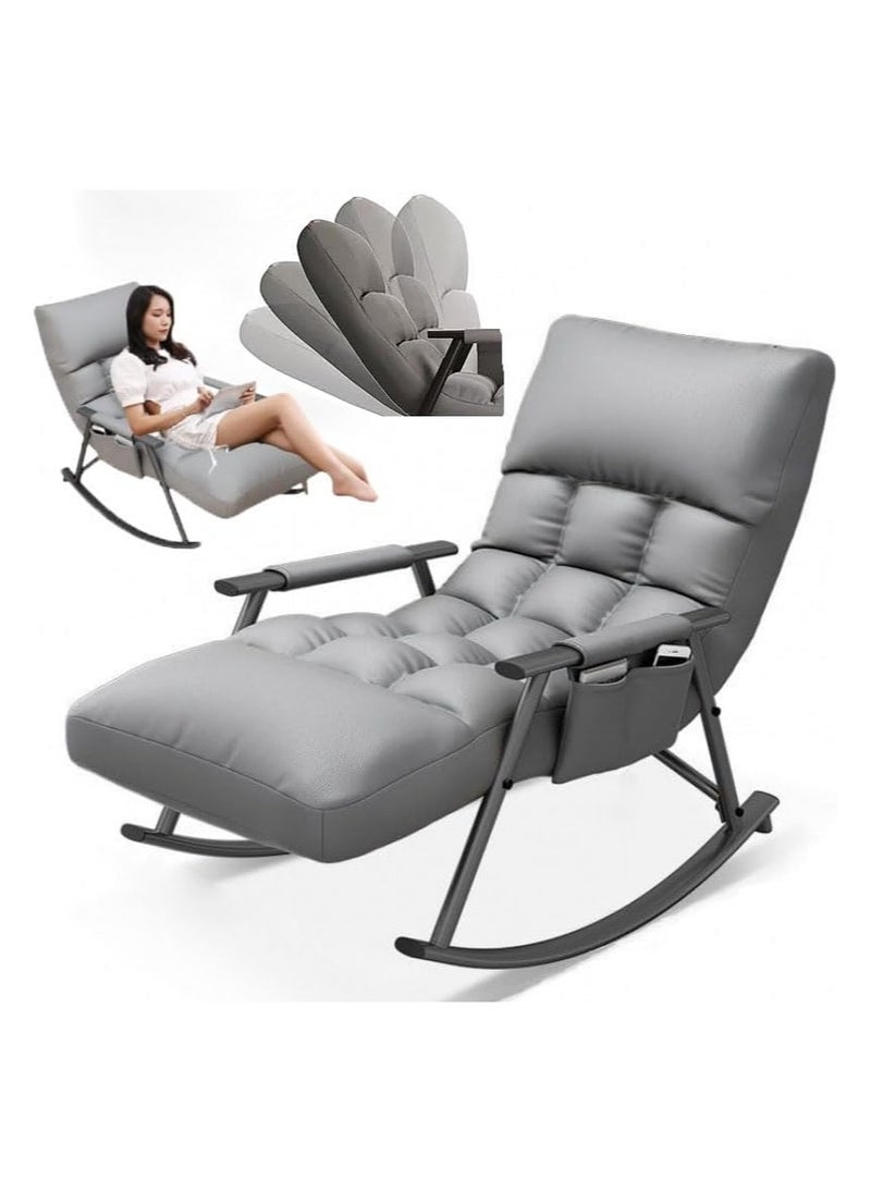Adjustable Upholstered Rocking Chair Lounge Chair,Detachable Rocking Chair with Armrests Side Pockets&Adjustable Backrest Footrest,Reclining Lounge Chair for Balcony Bedroom,Garden, Grey