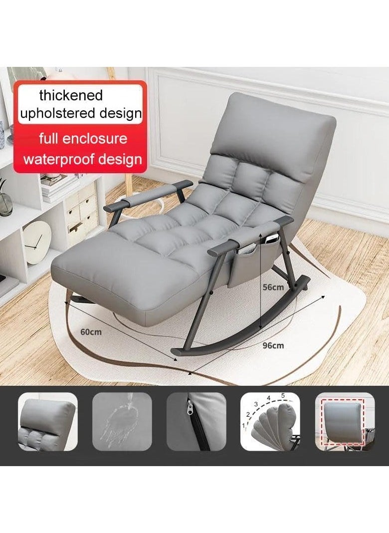 Adjustable Upholstered Rocking Chair Lounge Chair,Detachable Rocking Chair with Armrests Side Pockets&Adjustable Backrest Footrest,Reclining Lounge Chair for Balcony Bedroom,Garden, Grey