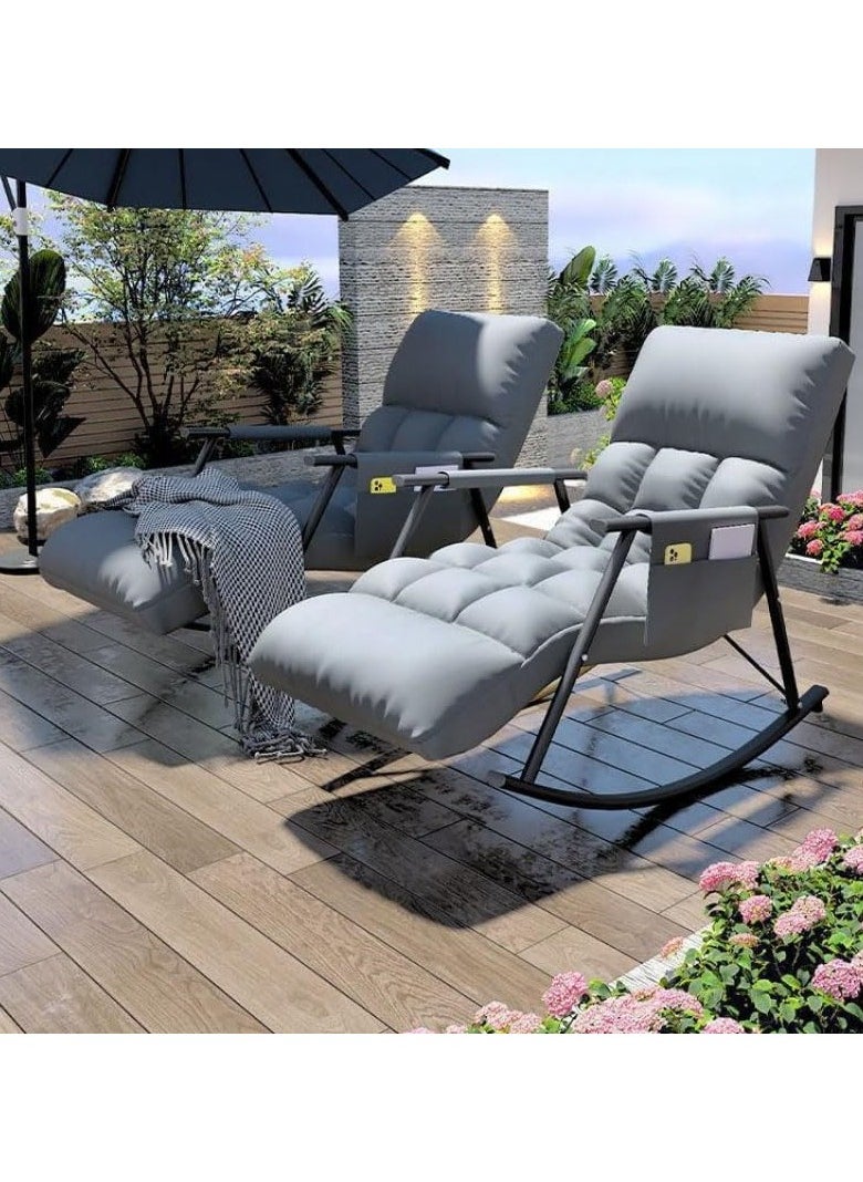 Adjustable Upholstered Rocking Chair Lounge Chair,Detachable Rocking Chair with Armrests Side Pockets&Adjustable Backrest Footrest,Reclining Lounge Chair for Balcony Bedroom,Garden, Grey