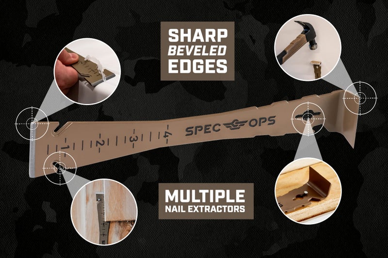 Spec-Ops أداة Trim Bar من Spec Ops Tools بطول 9.5 إنش، أداة رفع، فولاذ الربيع عالي الكربون، مزودة بمسطرة وأداة رفع، حواف مشطوفة، مزيل مسامير، 3% تبرع للمحاربين القدامى، عبوة من 2 - Image 4