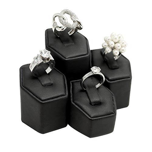 MOOCA Jewelry Ring Stand Holder Display Set, Ring Holders for Jewelry Organizer Stand Pedestals Display 4 Pcs Set, Black Faux Leather - Image 2