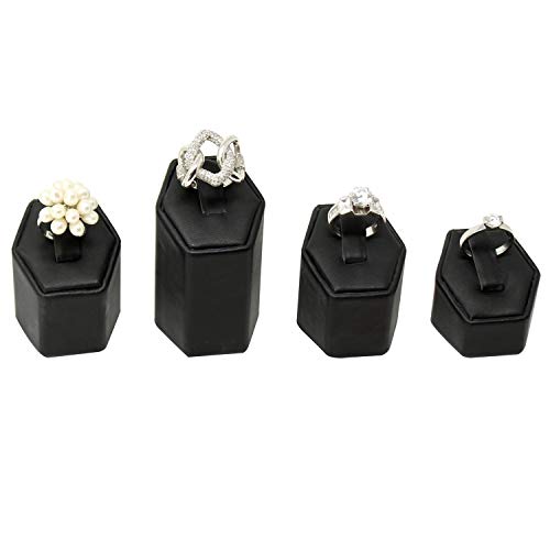 MOOCA Jewelry Ring Stand Holder Display Set, Ring Holders for Jewelry Organizer Stand Pedestals Display 4 Pcs Set, Black Faux Leather - Image 4