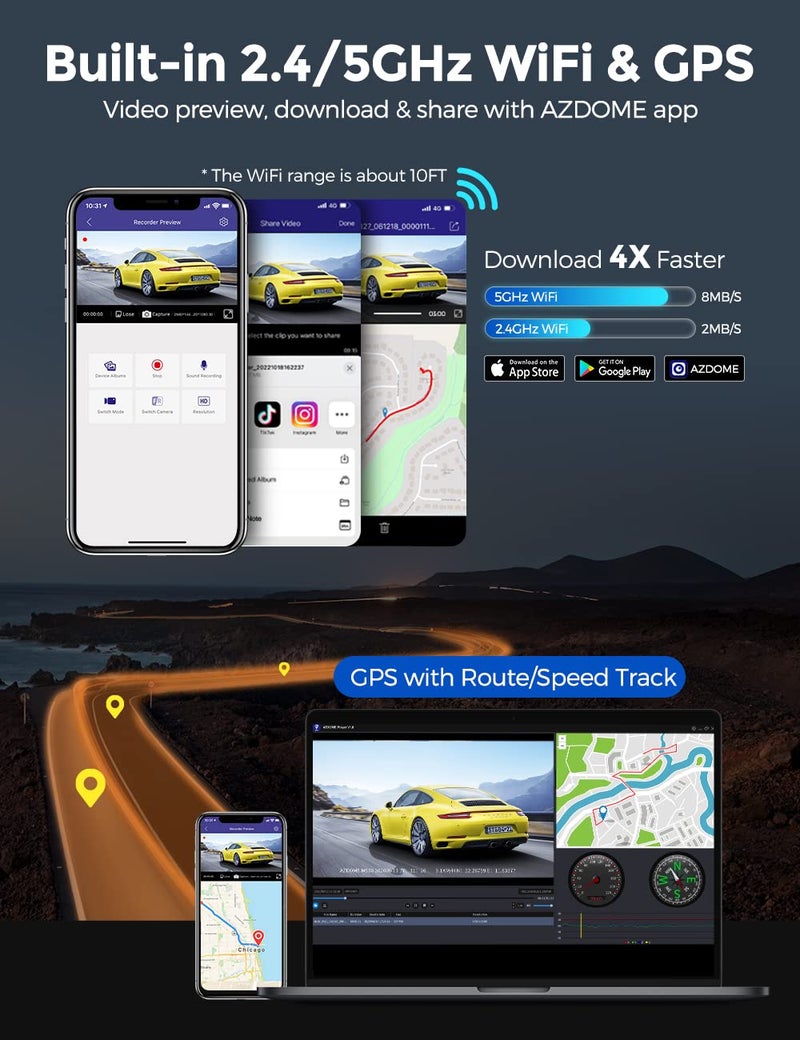 AZDOME 4K 5G WiFi Dash Cam for Car Front and Rear, 3.18" IPS Screen Dashcam, Dashboard Camera, 4K+1K Dual Dash Cam Built-in GPS WDR IR Night Vision, 24H Parking Mode Black- Car Accessories - 256GB - Image 3