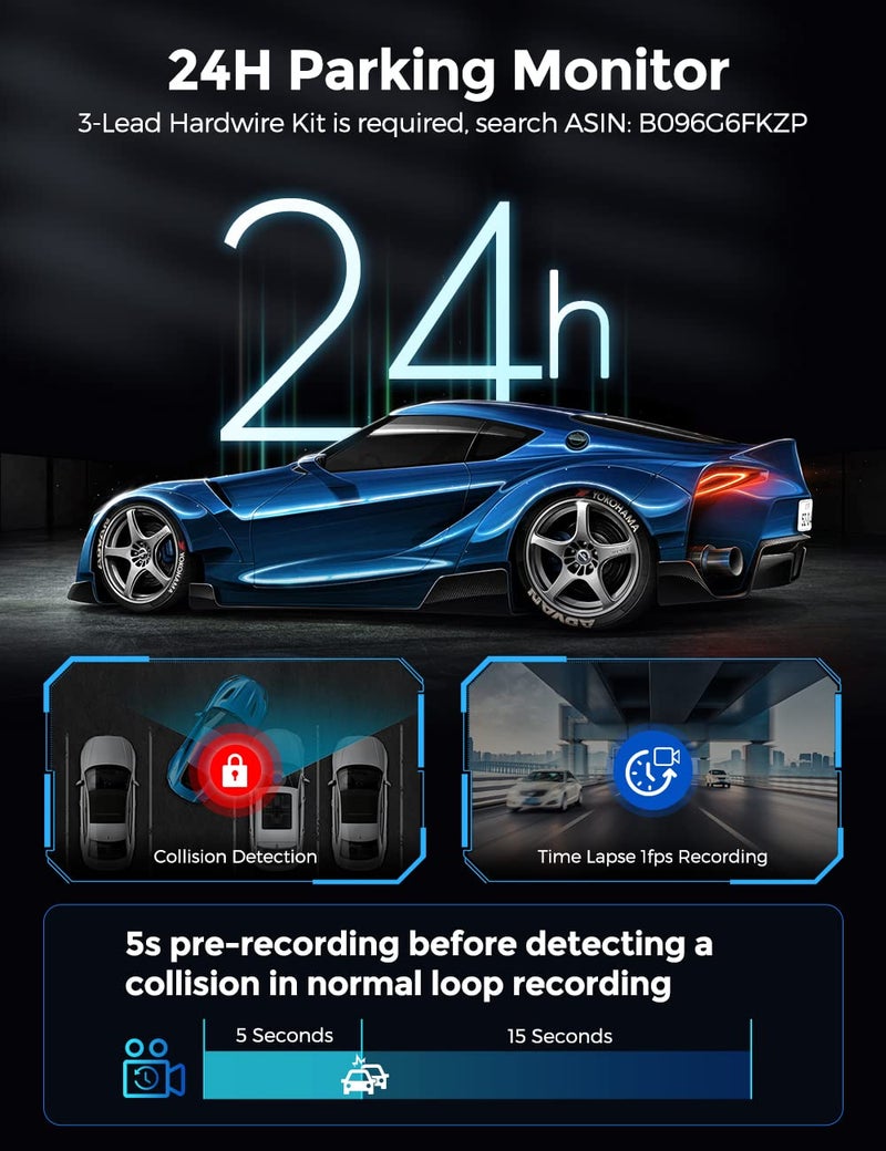 AZDOME 4K 5G WiFi Dash Cam for Car Front and Rear, 3.18" IPS Screen Dashcam, Dashboard Camera, 4K+1K Dual Dash Cam Built-in GPS WDR IR Night Vision, 24H Parking Mode Black- Car Accessories - 256GB - Image 4