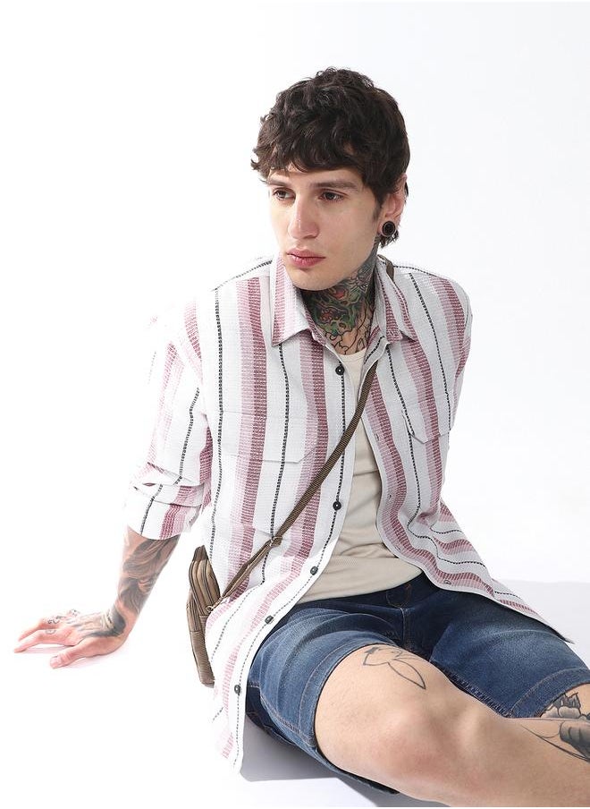 Hubberholme Men Spread Collar Vertical Striped Cotton Textured Double Pocket Casual Shirt  - Image 1