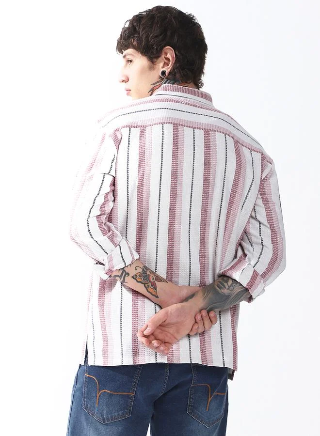 Hubberholme Men Spread Collar Vertical Striped Cotton Textured Double Pocket Casual Shirt