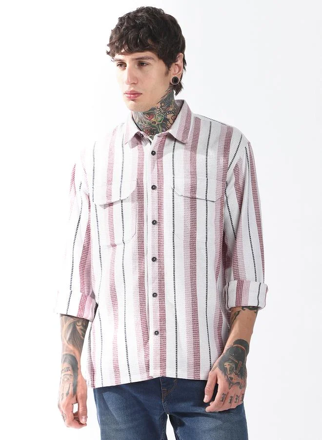 Hubberholme Men Spread Collar Vertical Striped Cotton Textured Double Pocket Casual Shirt