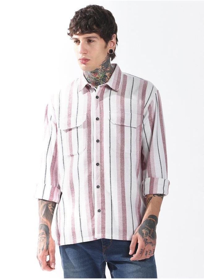 Hubberholme Men Spread Collar Vertical Striped Cotton Textured Double Pocket Casual Shirt  - Image 3