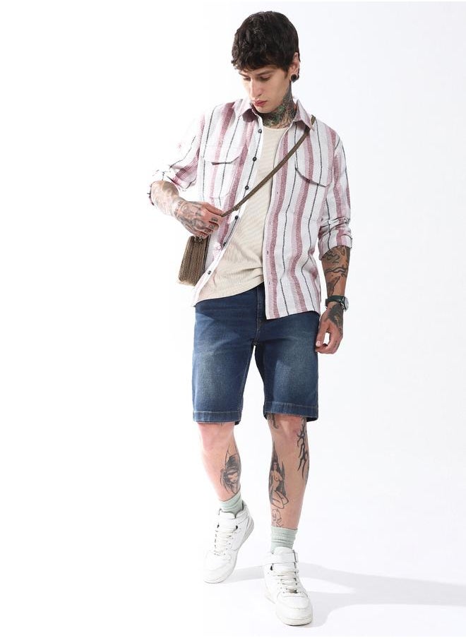 Hubberholme Men Spread Collar Vertical Striped Cotton Textured Double Pocket Casual Shirt  - Image 2