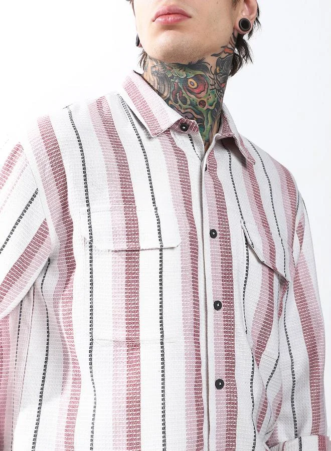 Hubberholme Men Spread Collar Vertical Striped Cotton Textured Double Pocket Casual Shirt