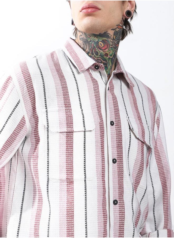 Hubberholme Men Spread Collar Vertical Striped Cotton Textured Double Pocket Casual Shirt  - Image 5