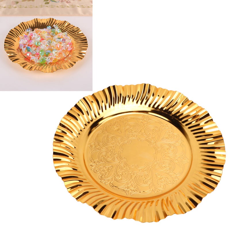 Round Serving Tray: 1 Fan-Shaped Wavy Stainless Steel Tray - Durable Wear-Resistant Multi-Purpose Gold Tray for Home Kitchen, Buffet, Wedding Decor - Image 2
