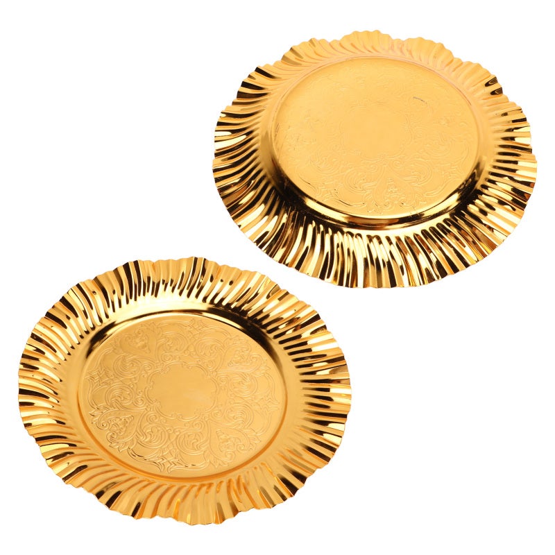 Round Serving Tray: 1 Fan-Shaped Wavy Stainless Steel Tray - Durable Wear-Resistant Multi-Purpose Gold Tray for Home Kitchen, Buffet, Wedding Decor - Image 1