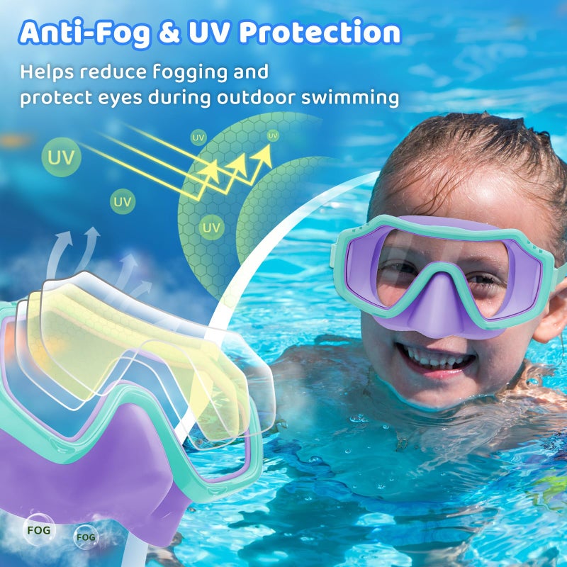 Vvinca 2 Pack Kids Swim Goggles with Nose Cover for Boys Girls 3-15, Anti Fog Diving Mask with Shatterproof Safety Lens for Toddler, Waterproof Swimming Goggles Value Set for Beach & Pool Beach - Image 3