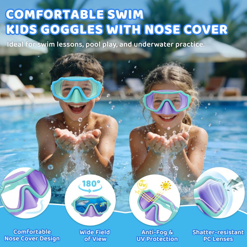 Vvinca 2 Pack Kids Swim Goggles with Nose Cover for Boys Girls 3-15, Anti Fog Diving Mask with Shatterproof Safety Lens for Toddler, Waterproof Swimming Goggles Value Set for Beach & Pool Beach - Image 2