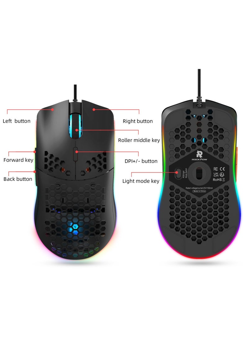 Gaming Mouse,Gaming Mice Honeycomb Hollow Design Ergonomic Wired Mouse with RGB Backlight,up to 8000 DPI,RGB Gaming Mouse for Mac, Laptop,Computer,PC