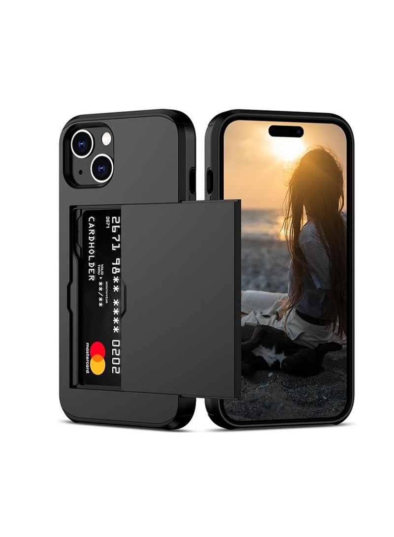 WRISTWISE Case Cover for iPhone 15 with Card Holder Heavy Duty Protective Dual Layer Shockproof Hidden Card Slot Slim Wallet Phone Cover for Women&Men 6.1 inch(Black) - Image 1