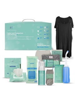 Mama & Wish Postpartum Care Kit for Mom (14-Piece) - Includes Labor and Delivery Gown, Peri Bottle, Witch Hazel Foam, Pad Liners & More! with Hospital Essentials for Women After Birth  - Image 1