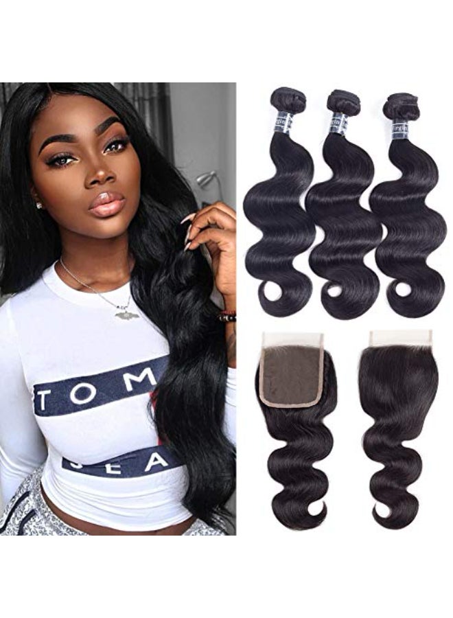 Amella Brazilian Body Wave Hair Bundles with Closure 100 Unprocessed Virgin Hair 10A Remy Hair Weave with 4x4 Closure - Image 1