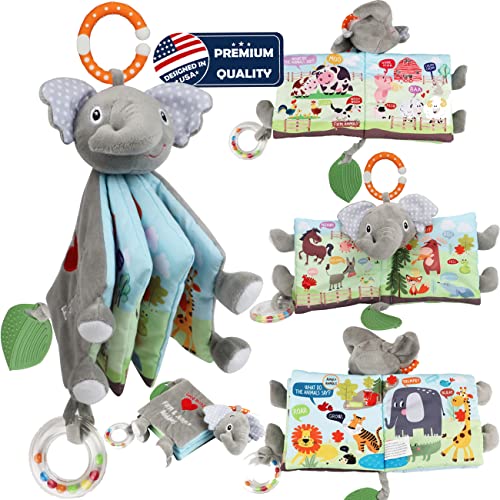 Bebe Mondo Elephant Touch and Feel Baby Books Toys 0-6 Months, Loveys Crinkle Books for Babies,Infant Toys 6-12-18 Months 1-2 Year Old, Baby Shower Easter Gifts Soft Cloth Book Teething Rattle for Boys Girls - Image 1