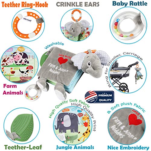 Bebe Mondo Elephant Touch and Feel Baby Books Toys 0-6 Months, Loveys Crinkle Books for Babies,Infant Toys 6-12-18 Months 1-2 Year Old, Baby Shower Easter Gifts Soft Cloth Book Teething Rattle for Boys Girls - Image 2