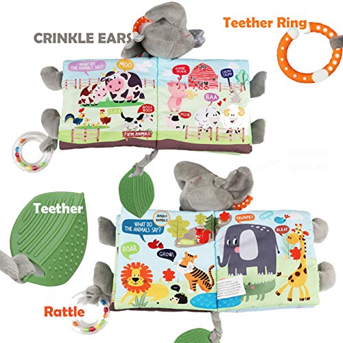 Bebe Mondo Elephant Touch and Feel Baby Books Toys 0-6 Months, Loveys Crinkle Books for Babies,Infant Toys 6-12-18 Months 1-2 Year Old, Baby Shower Easter Gifts Soft Cloth Book Teething Rattle for Boys Girls - Image 4