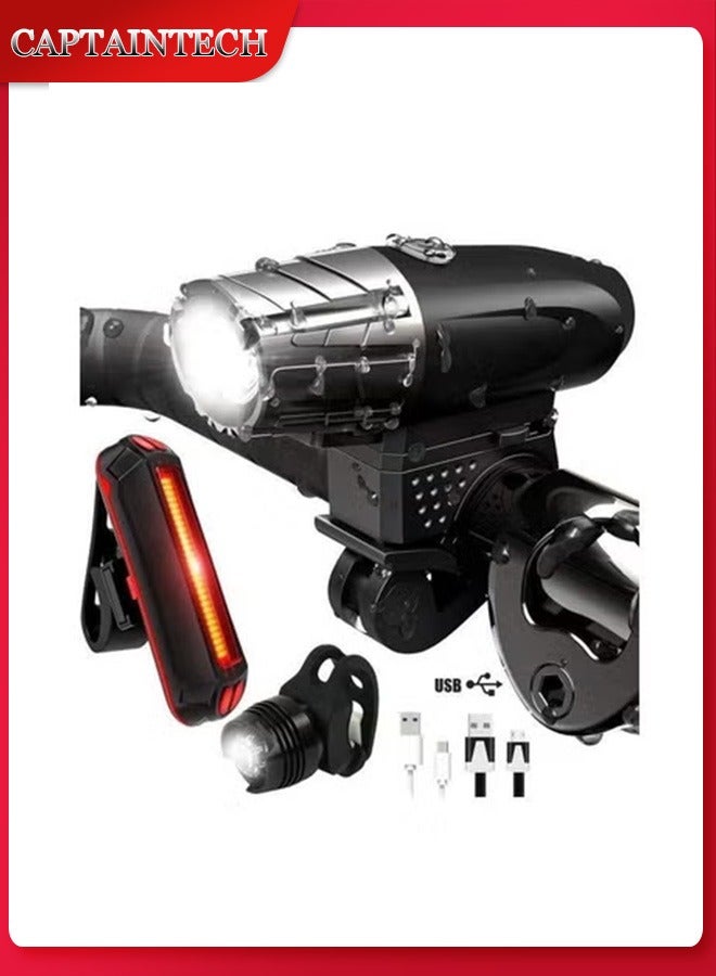 Captaintech USB Rechargeable Bike Lights Set – 1 Headlight u0026 2 Taillights with 4 Modes | IP65 Waterproof, Easy Fit (11.2 x 8 x 5.8cm) - Image 1