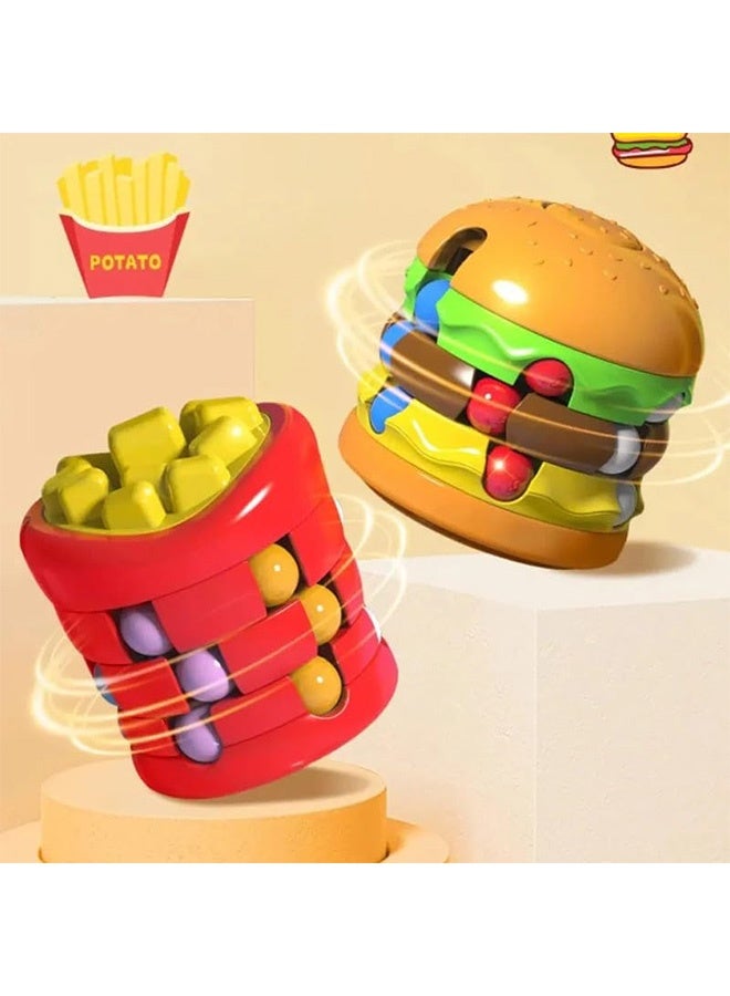 جي دي قطعتان من لعبة الفاصوليا السحرية الدوارة، مكعب الفاصوليا السحرية يدور 360 درجة، مكعبات بطاطس مقلية مضحكة على شكل همبرغر لتخفيف التوتر - Image 5