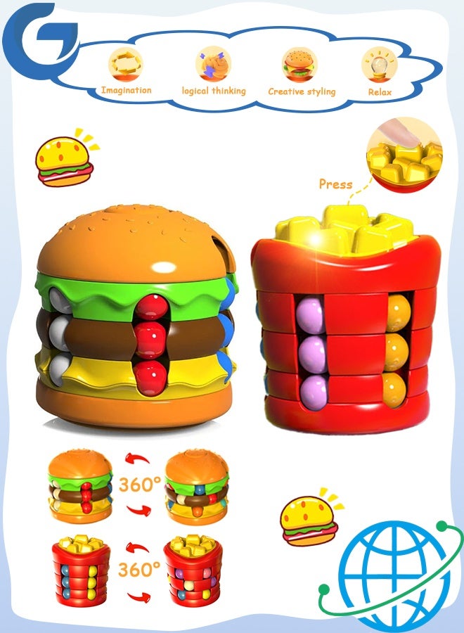 جي دي قطعتان من لعبة الفاصوليا السحرية الدوارة، مكعب الفاصوليا السحرية يدور 360 درجة، مكعبات بطاطس مقلية مضحكة على شكل همبرغر لتخفيف التوتر - Image 1