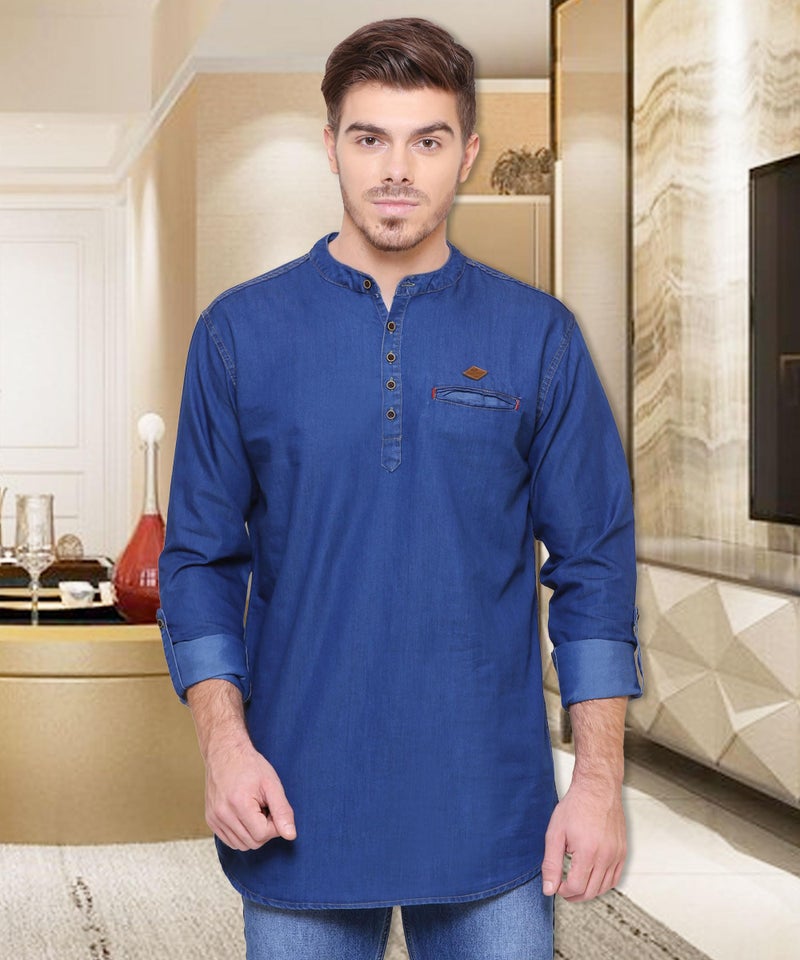 Kuons Avenue Men's Tailored Fit Denim Short Kurta (KACLFS1232E-XXL_Navy Blue_XX-Large) - Image 4
