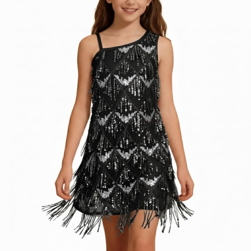 WELAKEN Girls One Shoulder Sequin Fringe Flapper Dress with Side Zipper Black - Image 1
