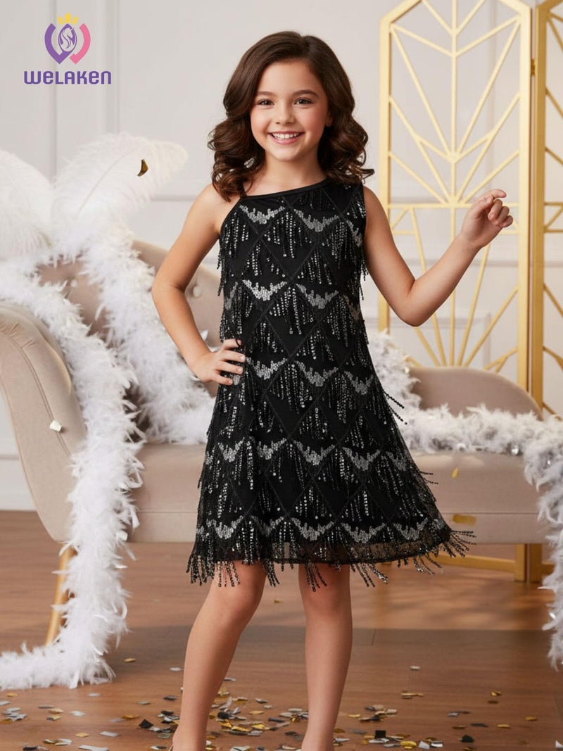 WELAKEN Girls One Shoulder Sequin Fringe Flapper Dress with Side Zipper Black - Image 2