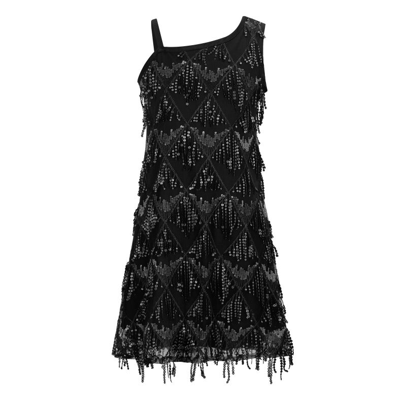 WELAKEN Girls One Shoulder Sequin Fringe Flapper Dress with Side Zipper Black - Image 4