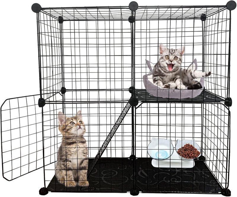 MUYG قفص قطائل يمكن تصنيعه في المنزل (DIY Cat Cage)، حاوية لعب للحيوانات الأليفة داخل المنزل (Pet Playpen Indoor)، أقفاص معدنية قابلة للفك للحيوانات الصغيرة (Detachable Metal Wire Small Animal Cages)، صندوق مكون من طابقين يوفر مساحة كبيرة للتمرين (2-Tier Crate Large Exercise Place)، أقفاص للقطط مزودة ببابين (Kitten Enclosures with 2 Doors)، أبعاد: 29.5 × 15.3 × 28.7 بوصة، لون أسود. - Image 1