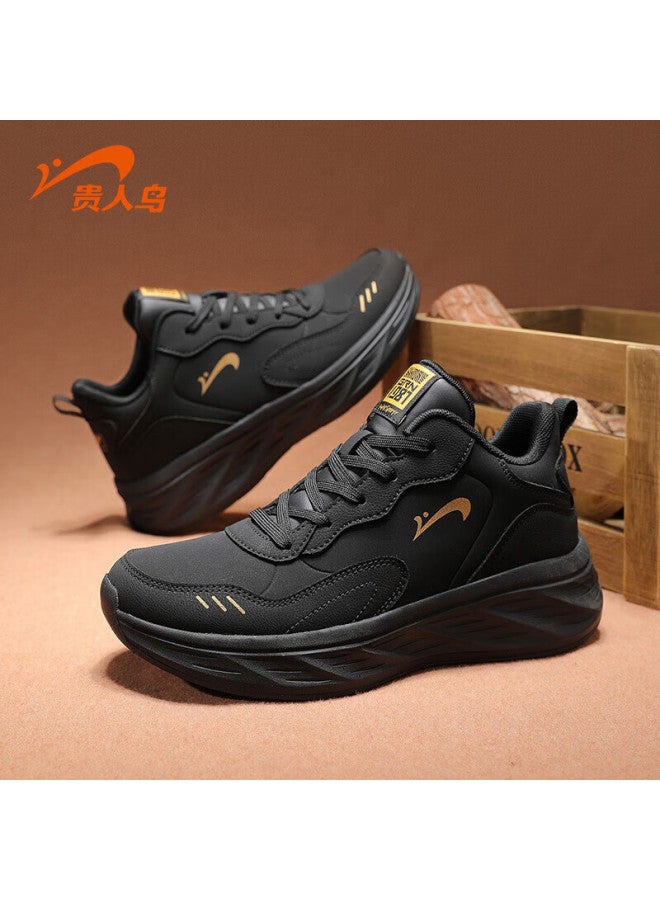 Guirenniao Men's Sports Shoes New Leather Mid-top Lightweight Commuter Casual Shoes Black/gold Size 40