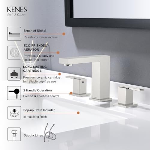 KENES Brushed Nickel Widespread Bathroom Faucet 2 Handle Bathroom Sink Faucet 3 Hole, 8-Inch 3 Pieces Vanity Faucet with Pop Up Drain & Supply Lines, KE-9050-P - Image 3