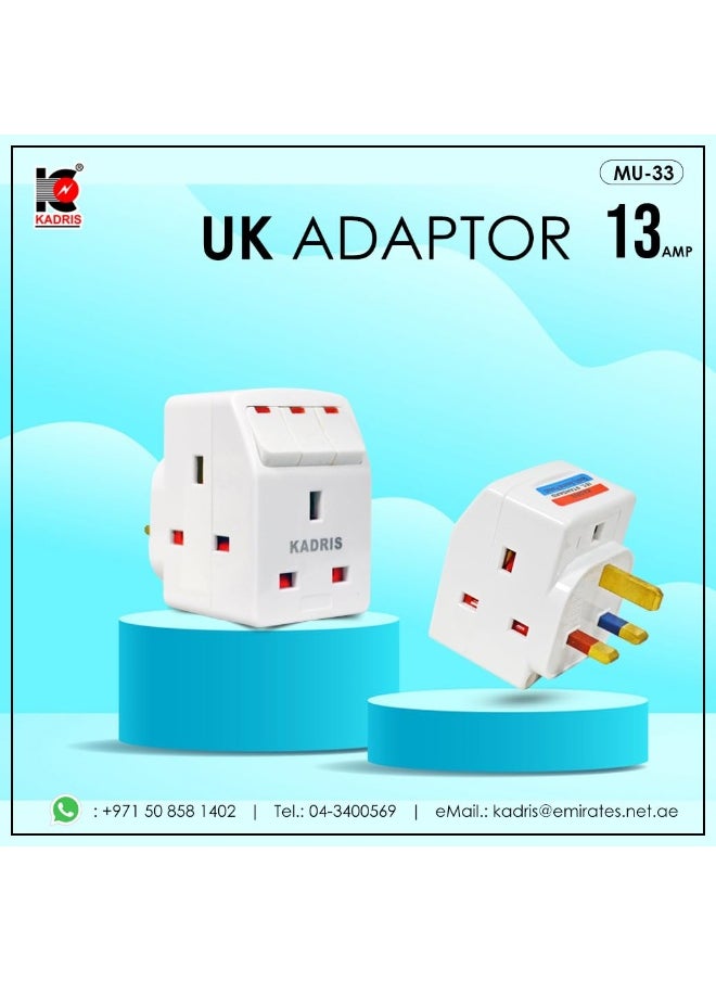 KADRIS - 3 Way Individual Switched with light Universal Plug Input Adaptor, Multi Plug for use across Household and Offices. ESMA Certified - Image 1