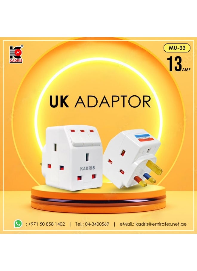 KADRIS - 3 Way Individual Switched with light Universal Plug Input Adaptor, Multi Plug for use across Household and Offices. ESMA Certified - Image 1