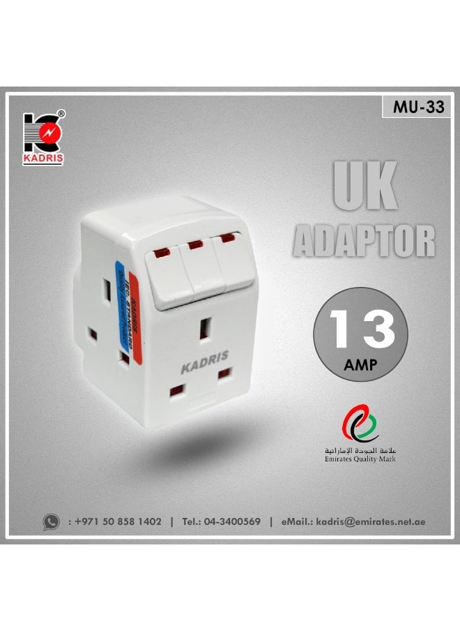 KADRIS - 3 Way Individual Switched with light Universal Plug Input Adaptor, Multi Plug for use across Household and Offices. ESMA Certified - Image 1