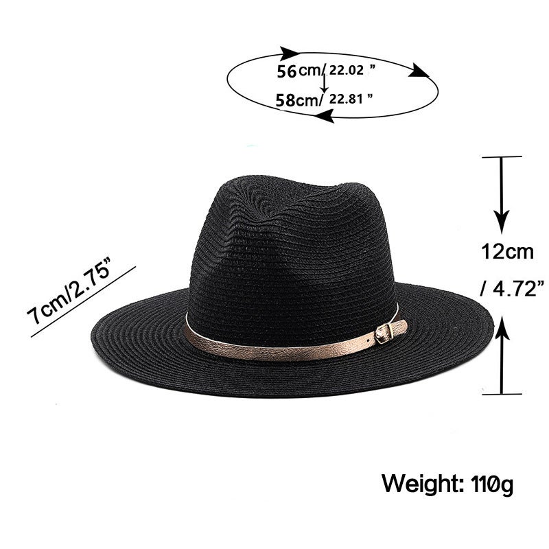 Straw Fedora Hat Women Gold Belt Summer Beach UV Protection Hat - Image 2