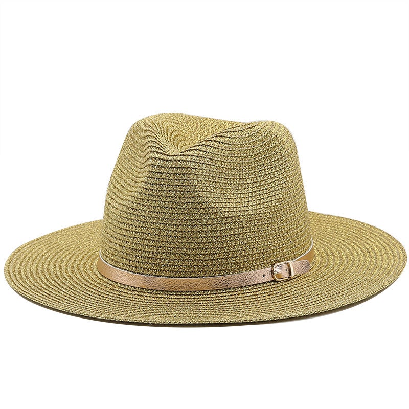 Straw Fedora Hat Women Gold Belt Summer Beach UV Protection Hat - Image 4
