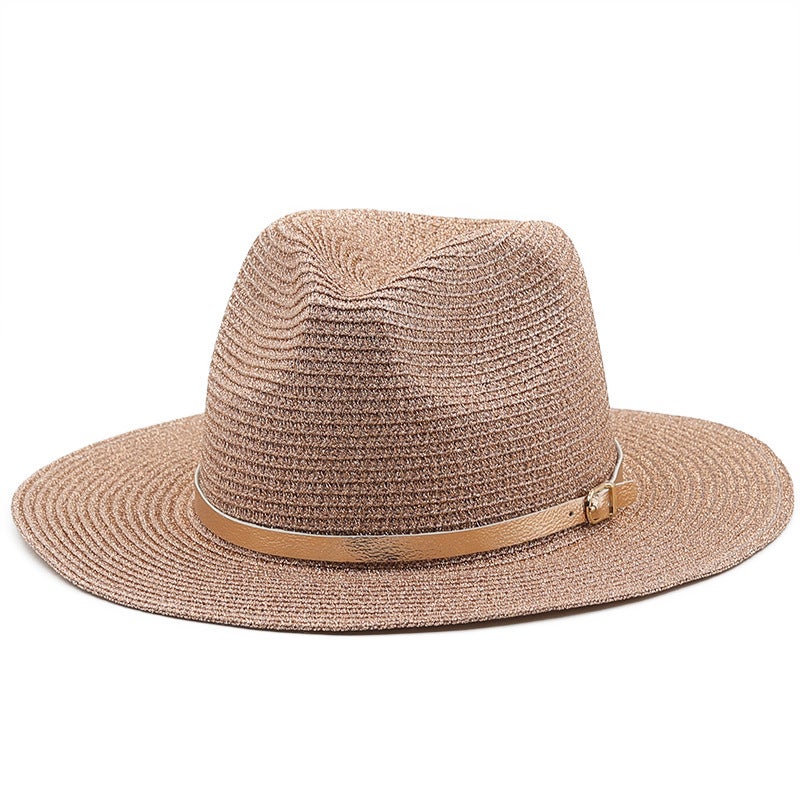 Straw Fedora Hat Women Gold Belt Summer Beach UV Protection Hat - Image 3