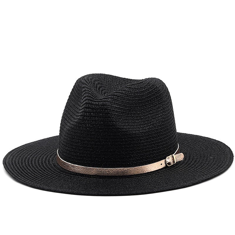 Straw Fedora Hat Women Gold Belt Summer Beach UV Protection Hat - Image 1